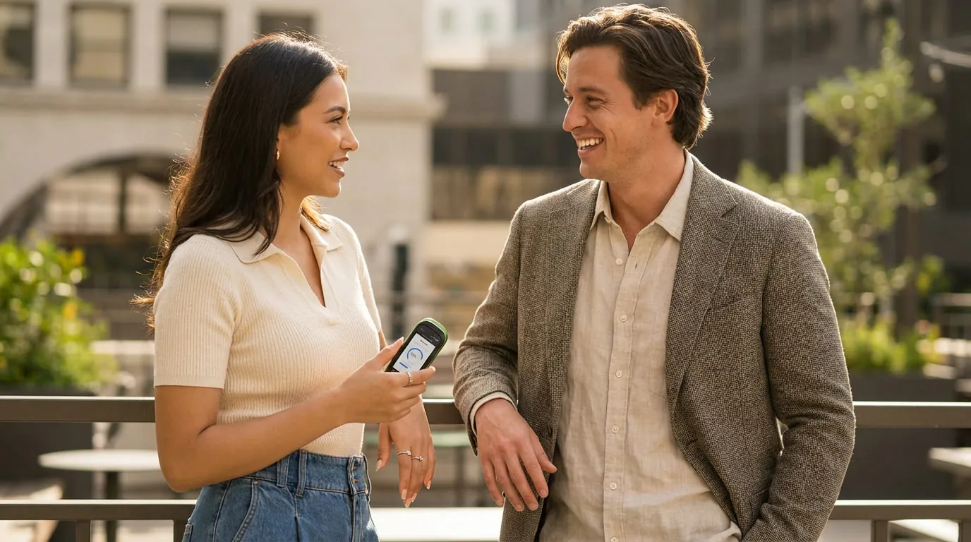 Two people talking outdoors, one holding Slyder Pro