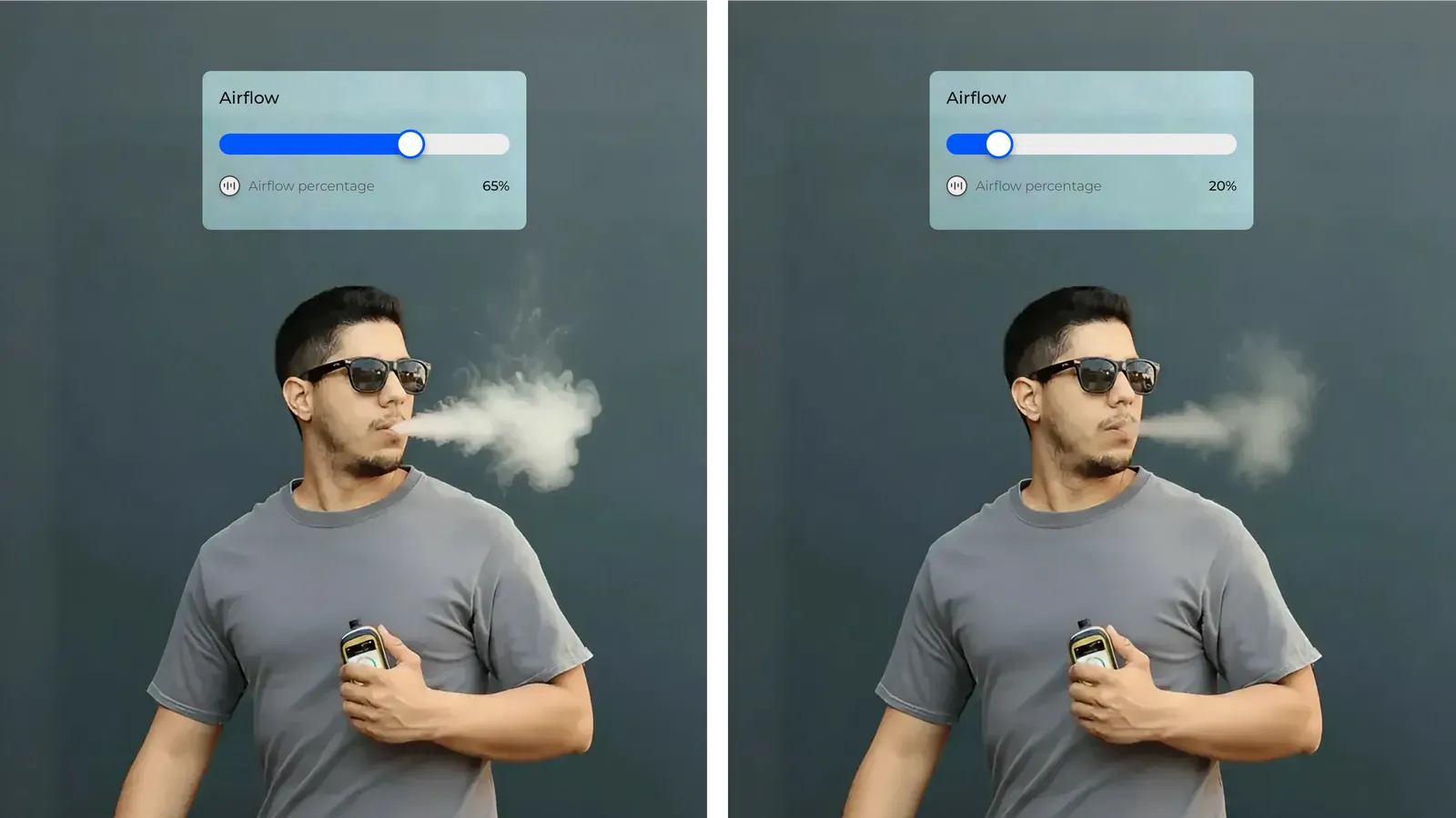 Man exhaling vapor with airflow set low and high, side by side
